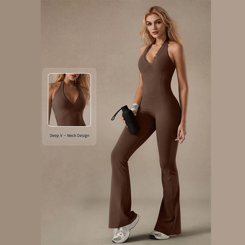 Lace V-Neck All-In-one Yoga Suit for Women Fashionable Back Hip Lift