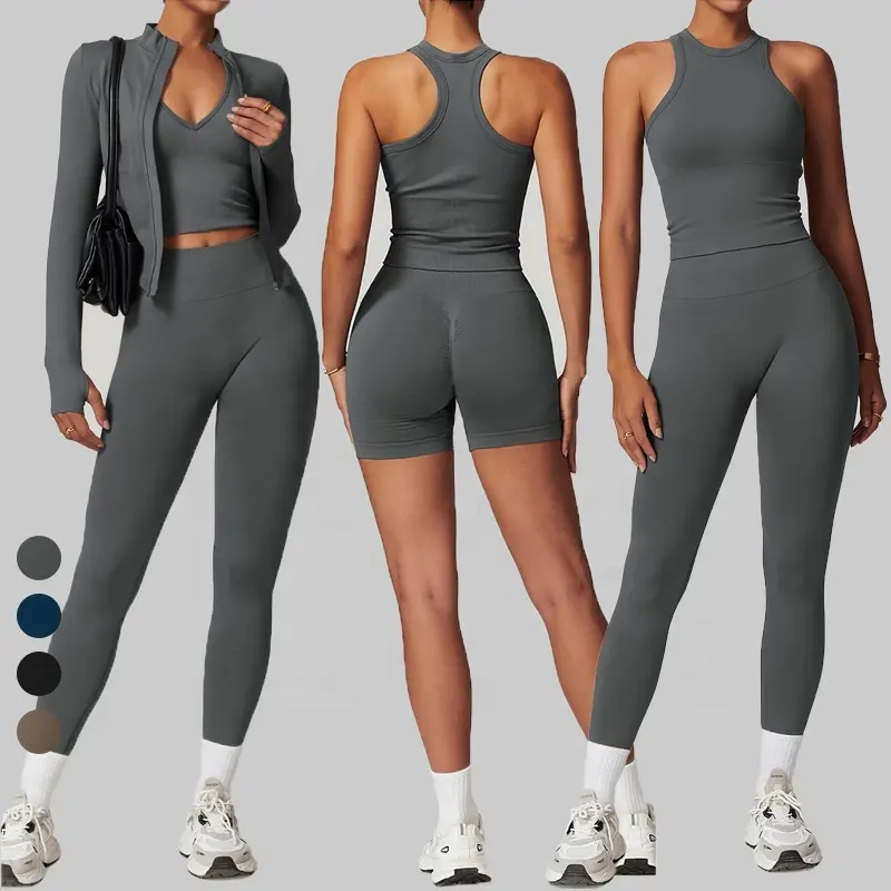 Activewear Tennis Gym Fitness Set Sports Wear Gym Yoga Bra Leggings Jacket Quick Dry 3 Piece Gym Fitness Set